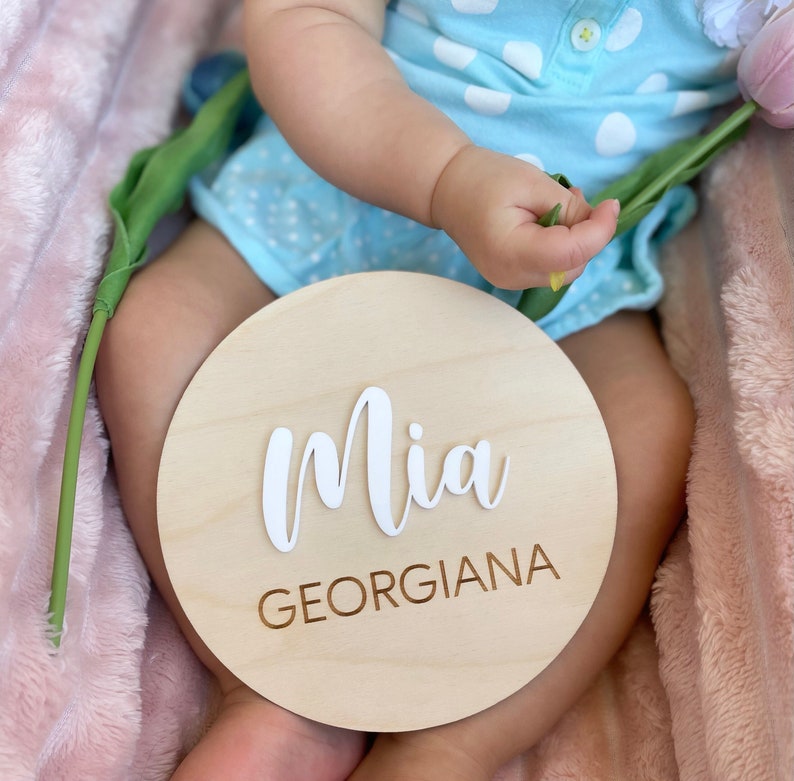 Baby Name Plaque, Birth Baby Display Sign, Nursery Name Sign, Wood Baby Name Sign, Nursey Decoration, Round Baby Name Sign - Image 4