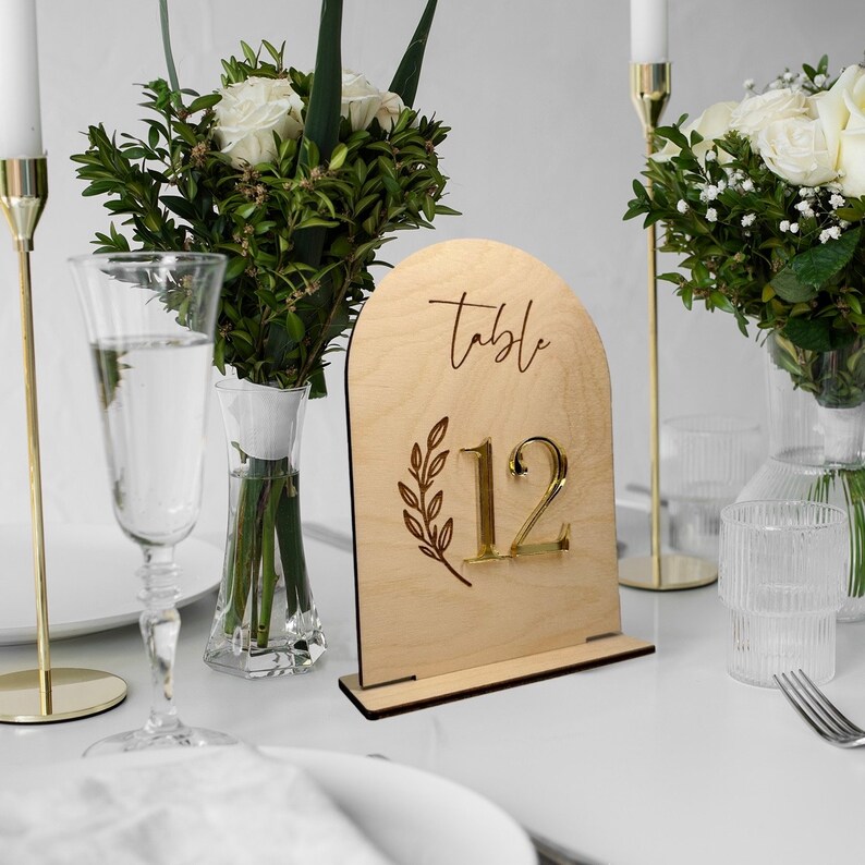 Table Numbers With Stands | Arched Table Sign | Wedding Table Numbers | Wedding Signage | Gold Acrylic Table Numbers | Wedding Table Decor - Image 3