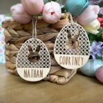 Rattan Easter Wood Tag, Personalized Easter Basket Tag, Easter Name Tag Decor, Wooden Bunny Tag, Custom Name Tag